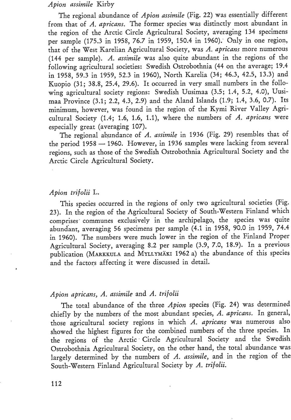 Only in one region, that of the West Karelian Agricultural Society, was A. apricans more numerous (144 per sample). A. assimile was also quite abundant in the regions of the following agricultural societies: Swedish Ostrobothnia (44 on the average; 19.