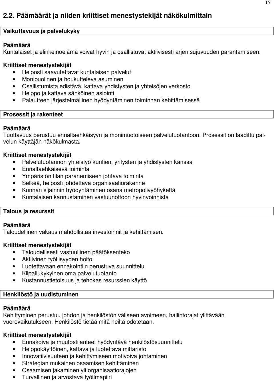 Kriittiset menestystekijät Helposti saavutettavat kuntalaisen palvelut Monipuolinen ja houkutteleva asuminen Osallistumista edistävä, kattava yhdistysten ja yhteisöjen verkosto Helppo ja kattava