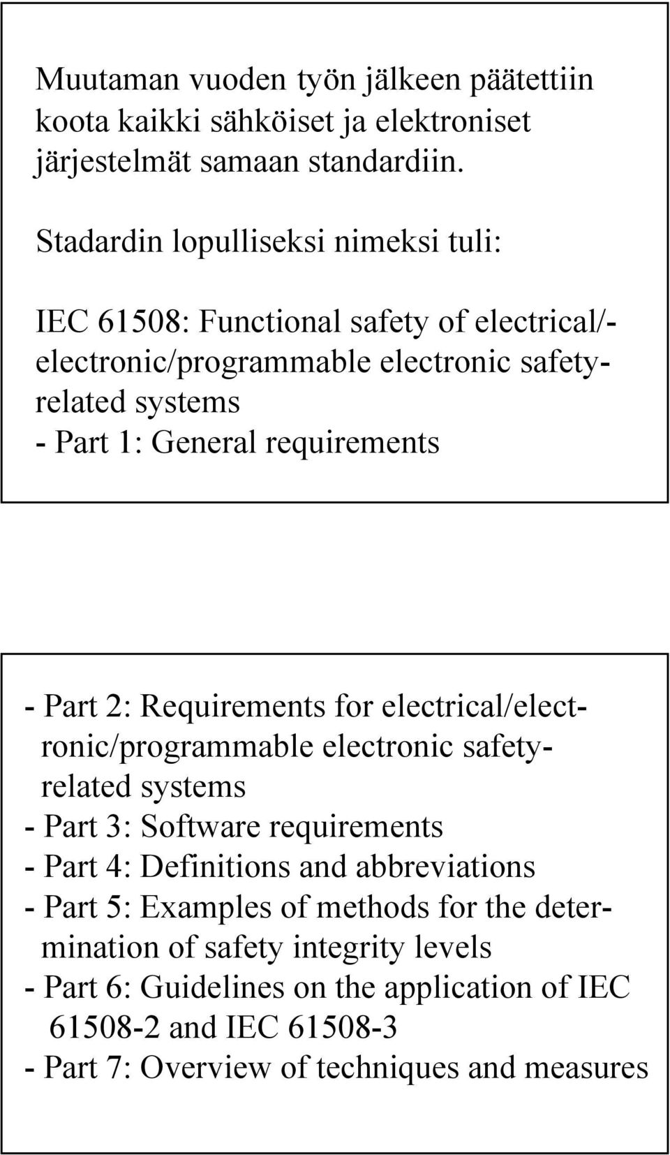 requirements - Part 2: Requirements for electrical/electronic/programmable electronic safetyrelated systems - Part 3: Software requirements - Part 4: