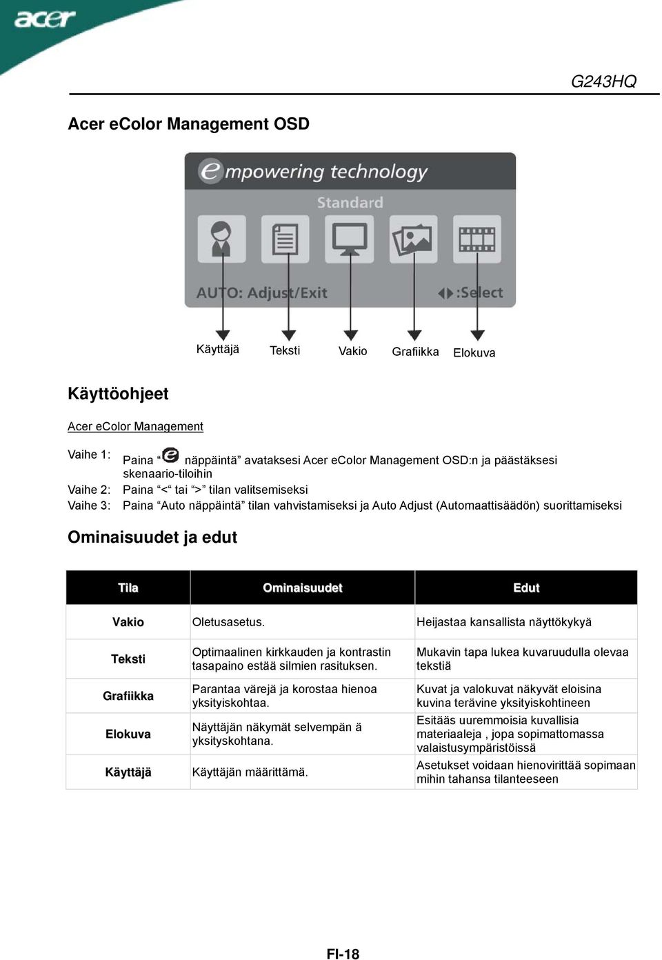 Edut Vakio Oletusasetus. Heijastaa kansallista näyttökykyä Teksti Grafiikka Elokuva Käyttäjä Optimaalinen kirkkauden ja kontrastin tasapaino estää silmien rasituksen.