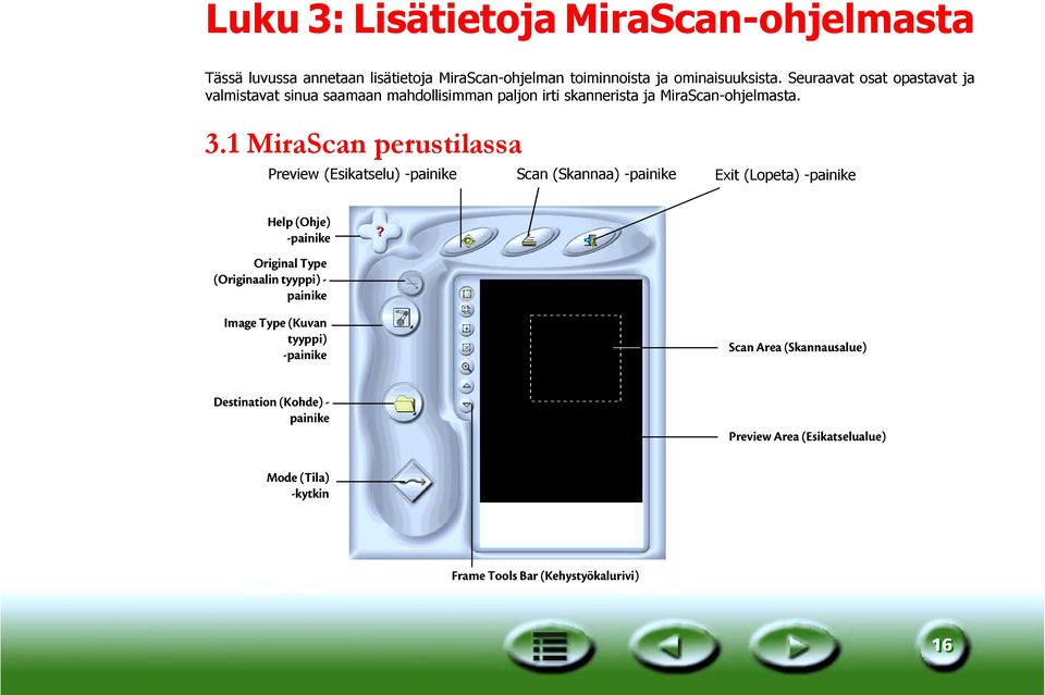 1 MiraScan perustilassa Preview (Esikatselu) -painike Scan (Skannaa) -painike Exit (Lopeta) -painike Help (Ohje) -painike Original Type