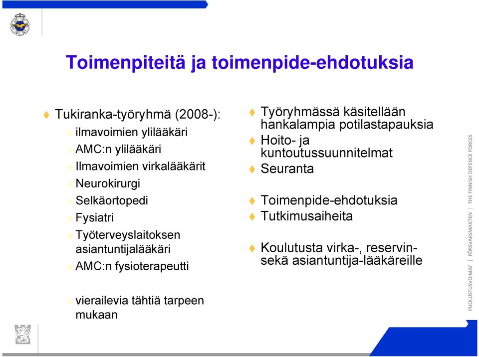 fysioterapeutti Työryhmässä käsitellään hankalampia potilastapauksia Hoito- ja kuntoutussuunnitelmat Seuranta