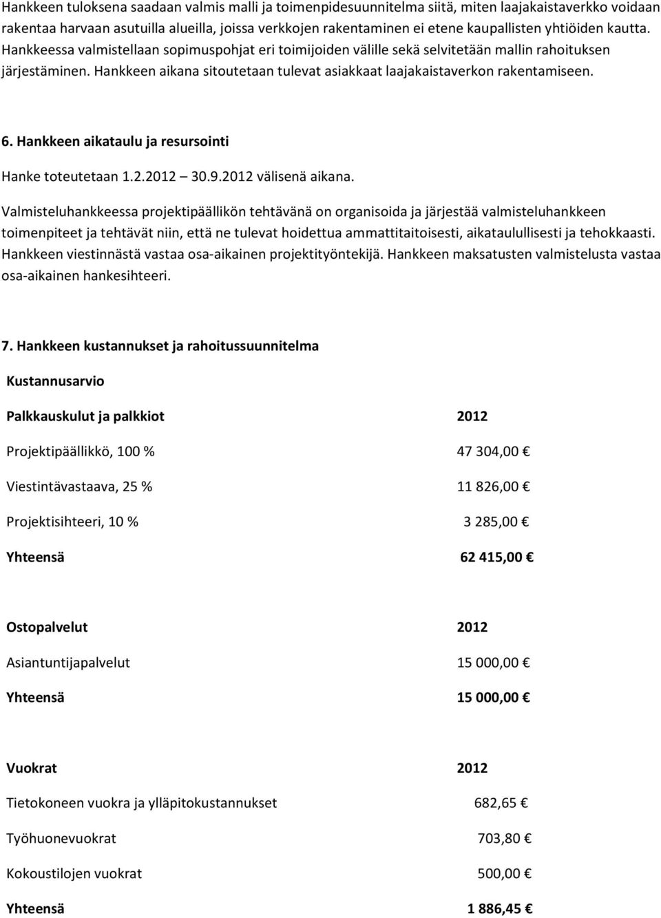 Hankkeen aikana sitoutetaan tulevat asiakkaat laajakaistaverkon rakentamiseen. 6. Hankkeen aikataulu ja resursointi Hanke toteutetaan 1.2.2012 30.9.2012 välisenä aikana.