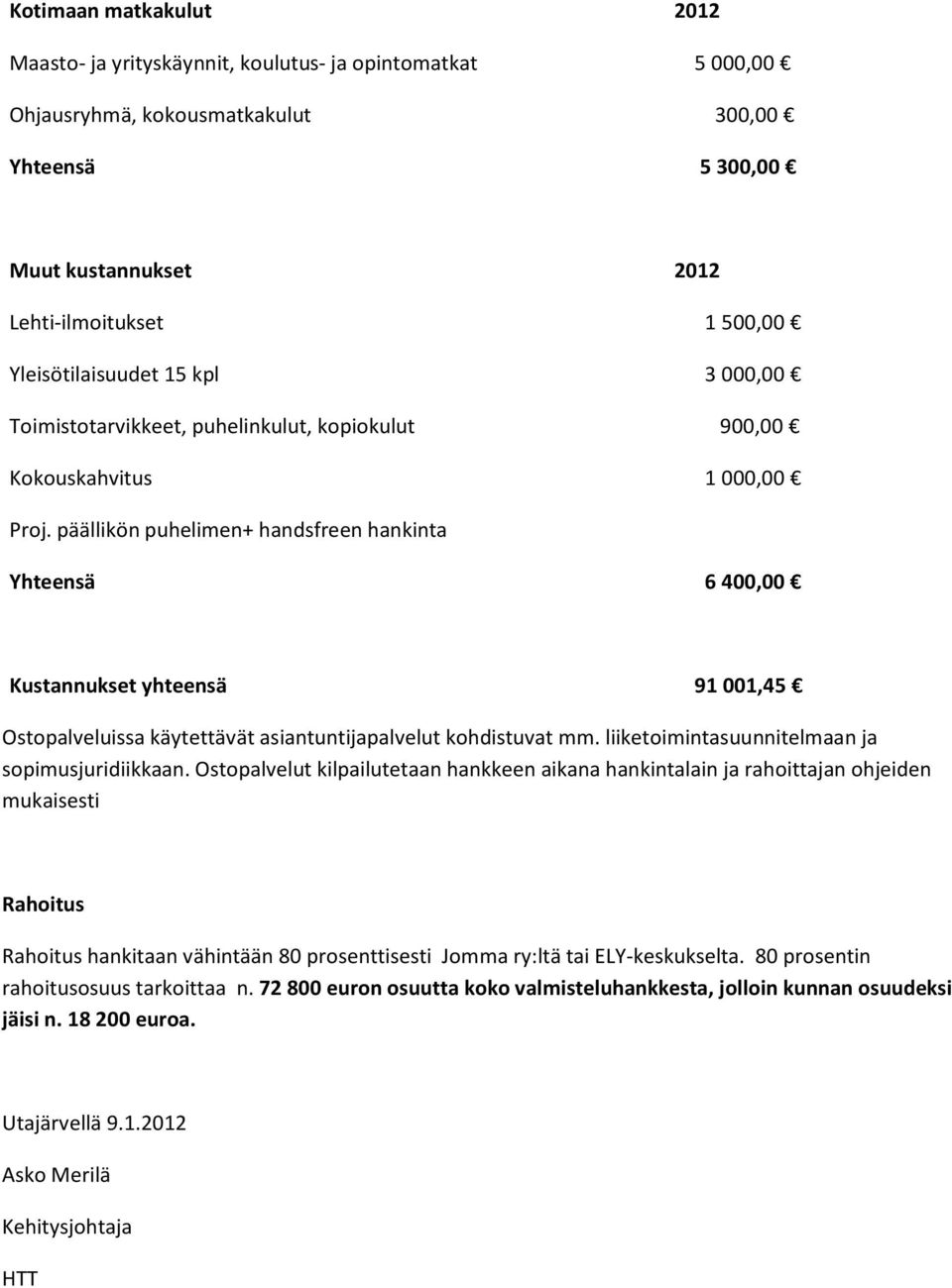päällikön puhelimen+ handsfreen hankinta Yhteensä 6 400,00 Kustannukset yhteensä 91 001,45 Ostopalveluissa käytettävät asiantuntijapalvelut kohdistuvat mm.