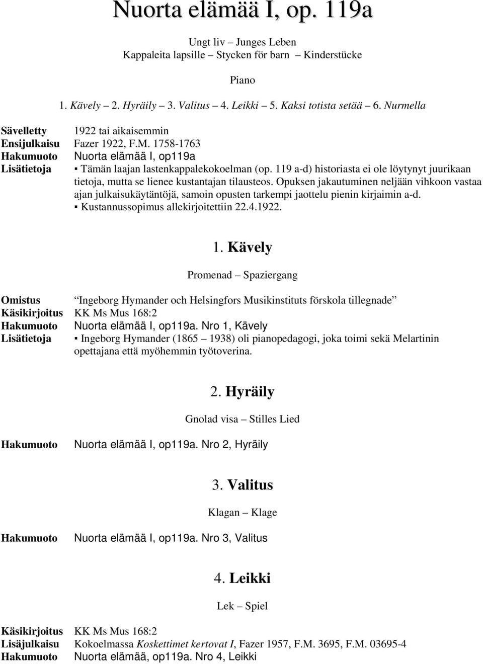 Opuksen jakautuminen neljään vihkoon vastaa ajan julkaisukäytäntöjä, samoin opusten tarkempi jaottelu pienin kirjaimin a-d. Kustannussopimus allekirjoitettiin 22.4.1922. 1.