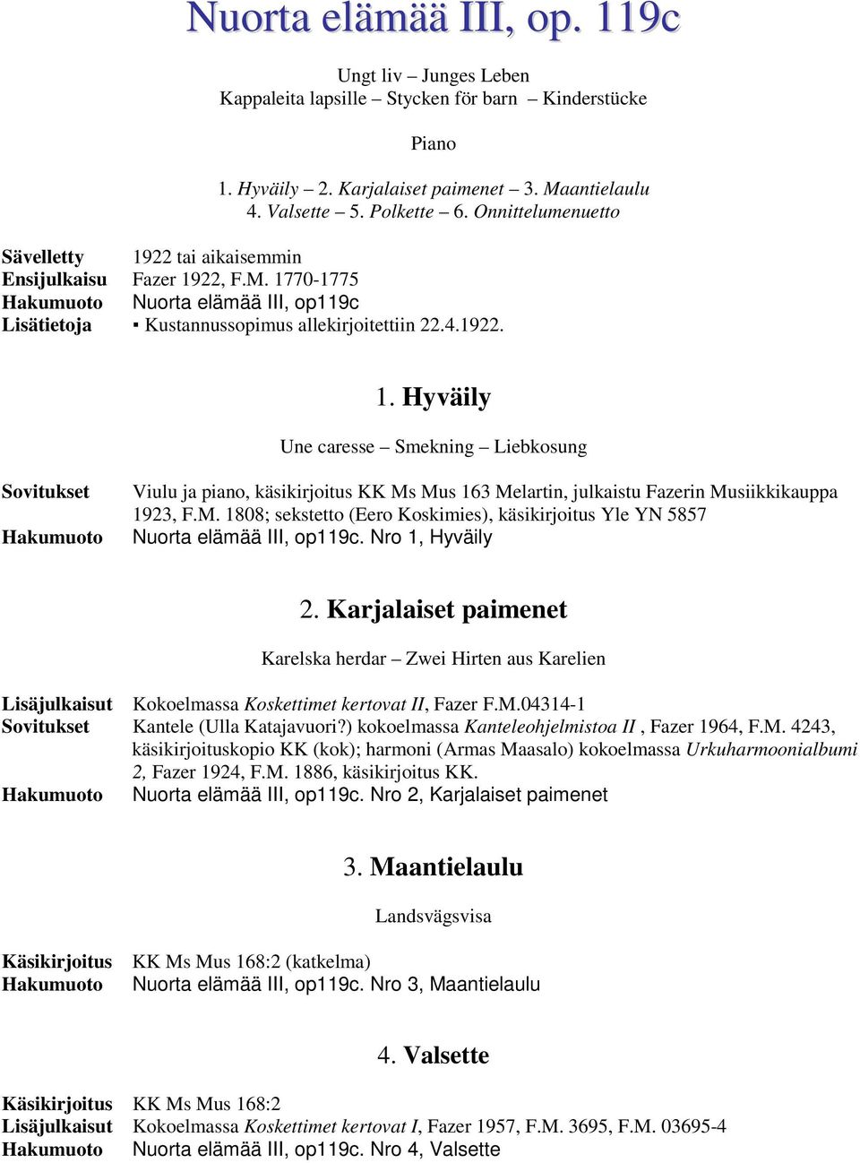 Nro 1, Hyväily 2. Karjalaiset paimenet Karelska herdar Zwei Hirten aus Karelien Lisäjulkaisut Kokoelmassa Koskettimet kertovat II, Fazer F.M.04314-1 Sovitukset Kantele (Ulla Katajavuori?