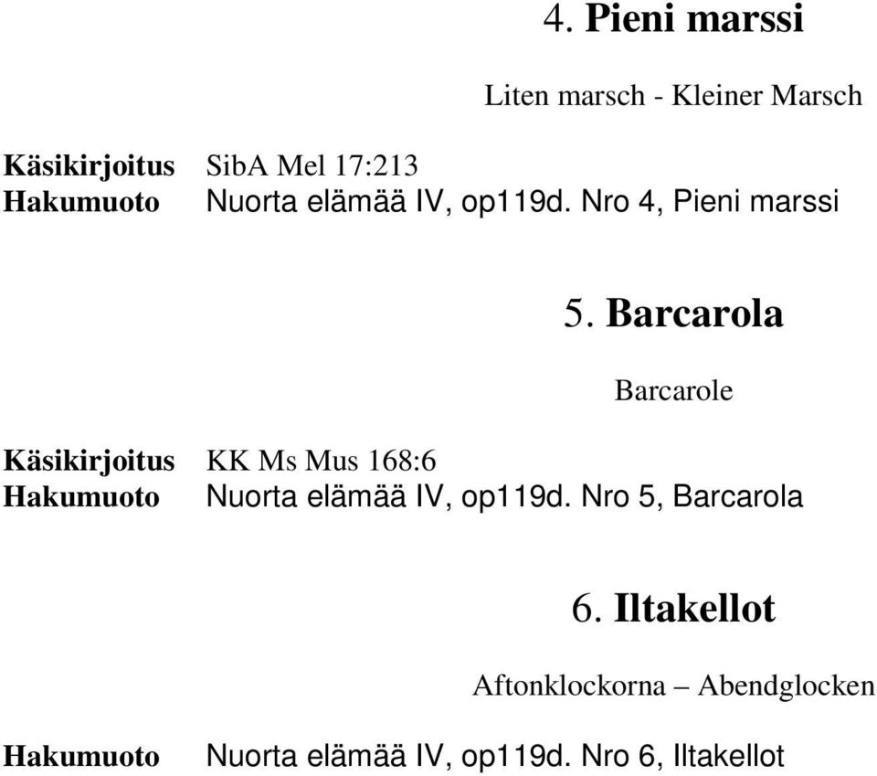 Barcarola Barcarole Käsikirjoitus KK Ms Mus 168:6 Nuorta elämää IV, op119d.
