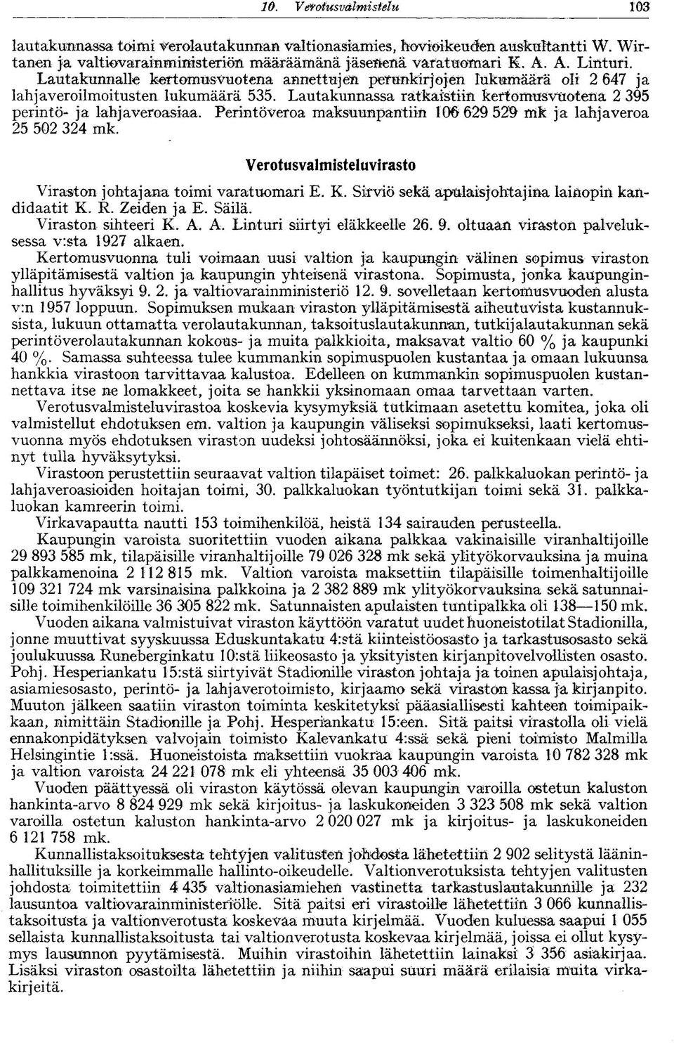 Perintöveroa maksuunpantiin 106 629 529 trik ja lahjaveroa 25 502 324 mk. Verotusvalmisteluvirasto Viraston johtajana toimi varatuomari E. K. Sirviö sekä apulaisjohtajina lainopin kandidaatit K. R.
