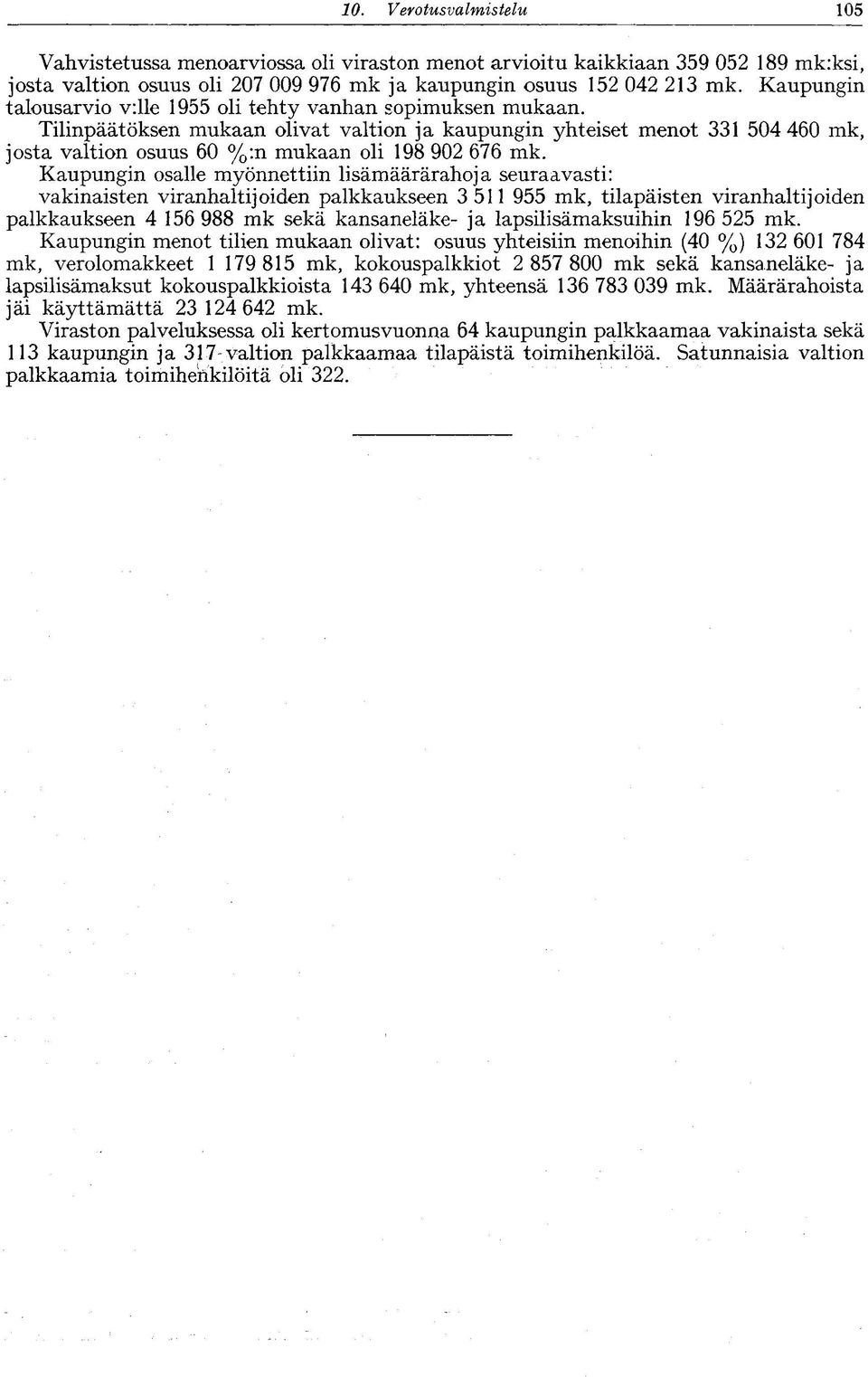 Tilinpäätöksen mukaan olivat valtion ja kaupungin yhteiset menot 331 504 460 mk, josta valtion osuus 60 %:n mukaan oli 198 902 676 mk.
