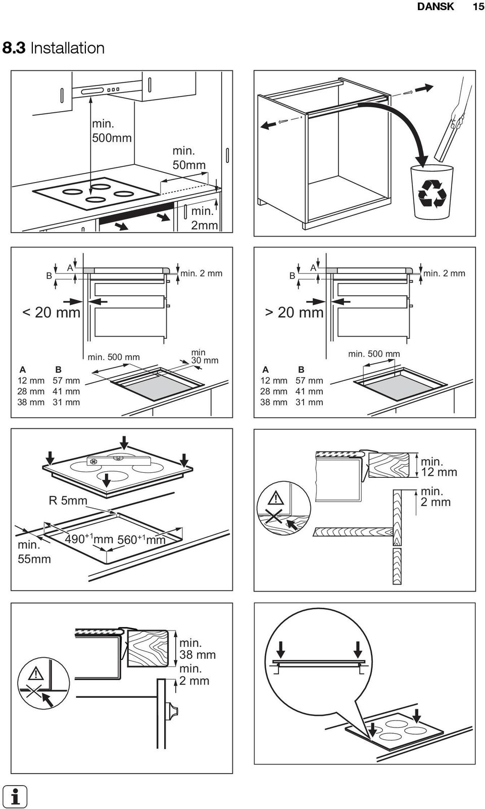 2 mm < 20 mm > 20 mm A 12 mm 28 mm 38 mm B 57 mm 41 mm 31 mm min.