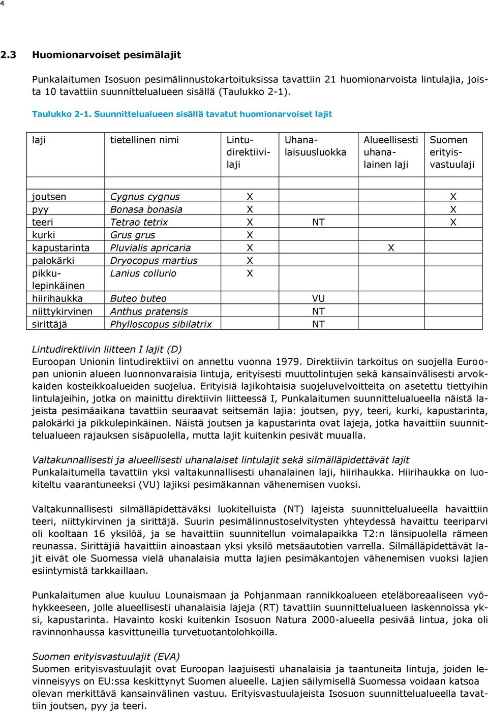 Suunnittelualueen sisällä tavatut huomionarvoiset lajit laji tietellinen nimi Lintudirektiivilaji Uhanalaisuusluokka Alueellisesti uhanalainen laji Suomen erityisvastuulaji joutsen Cygnus cygnus X X