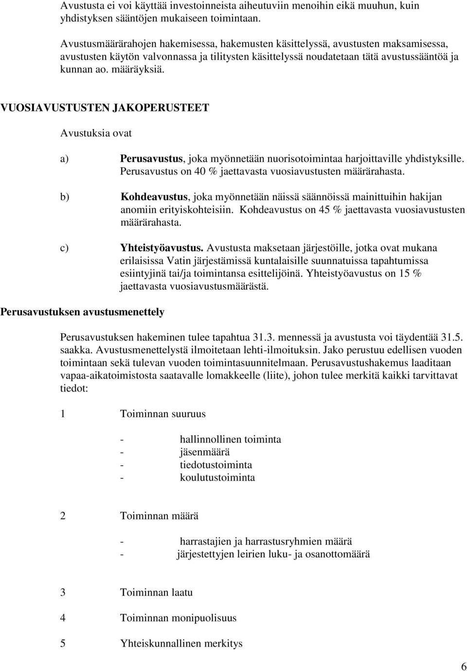 VUOSIAVUSTUSTEN JAKOPERUSTEET Avustuksia ovat a) Perusavustus, joka myönnetään nuorisotoimintaa harjoittaville yhdistyksille. Perusavustus on 40 % jaettavasta vuosiavustusten määrärahasta.