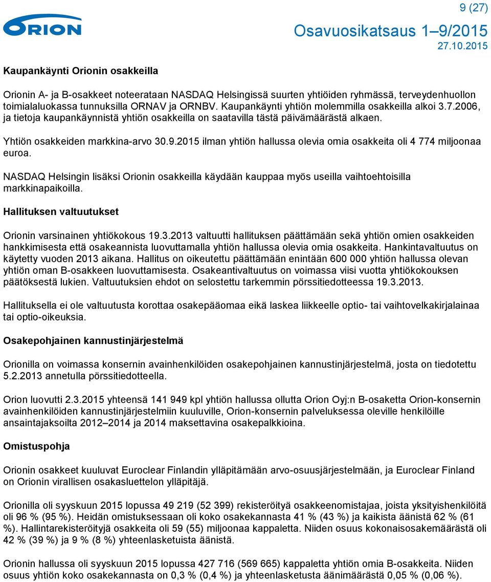 2015 ilman yhtiön hallussa olevia omia osakkeita oli 4 774 miljoonaa euroa. NASDAQ Helsingin lisäksi Orionin osakkeilla käydään kauppaa myös useilla vaihtoehtoisilla markkinapaikoilla.