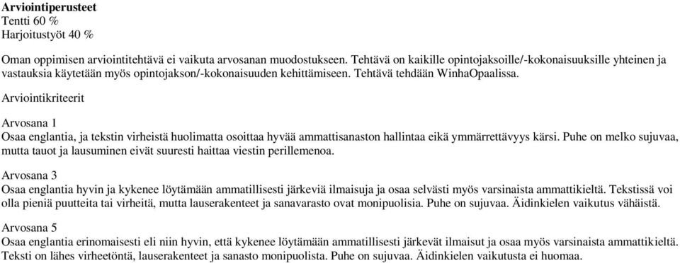 Arviointikriteerit Arvosana 1 Osaa englantia, ja tekstin virheistä huolimatta osoittaa hyvää ammattisanaston hallintaa eikä ymmärrettävyys kärsi.