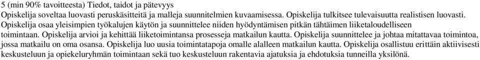 Opiskelija osaa yleisimpien työkalujen käytön ja suunnittelee niiden hyödyntämisen pitkän tähtäimen liiketaloudelliseen toimintaan.