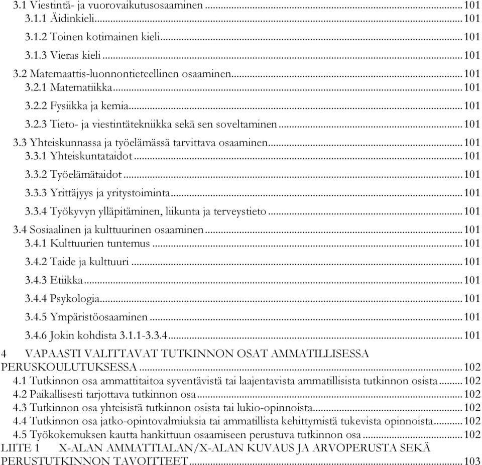 .. 101 3.3.3 Yrittäjyys ja yritystoiminta... 101 3.3.4 Työkyvyn ylläpitäminen, liikunta ja terveystieto... 101 3.4 Sosiaalinen ja kulttuurinen osaaminen... 101 3.4.1 Kulttuurien tuntemus... 101 3.4.2 Taide ja kulttuuri.