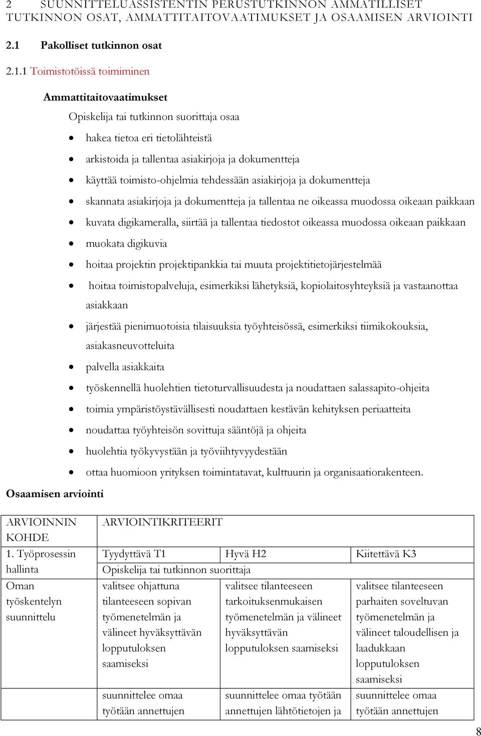 1 Toimistotöissä toimiminen Ammattitaitovaatimukset osaa Osaamisen arviointi hakea tietoa eri tietolähteistä arkistoida ja tallentaa asiakirjoja ja dokumentteja käyttää toimisto-ohjelmia tehdessään
