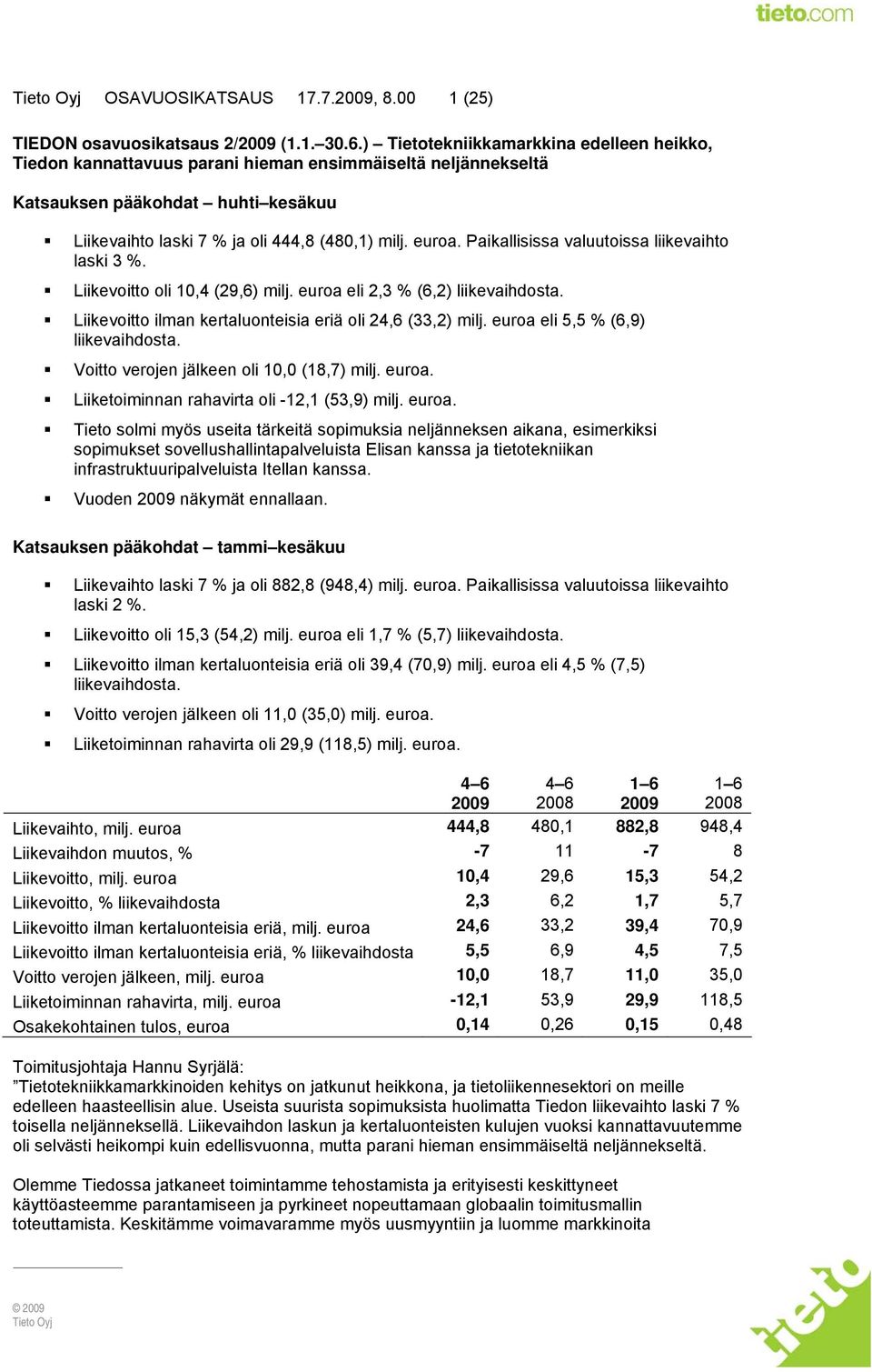 Paikallisissa valuutoissa liikevaihto laski 3 %. Liikevoitto oli 10,4 (29,6) milj. euroa eli 2,3 % (6,2) liikevaihdosta. Liikevoitto ilman kertaluonteisia eriä oli 24,6 (33,2) milj.