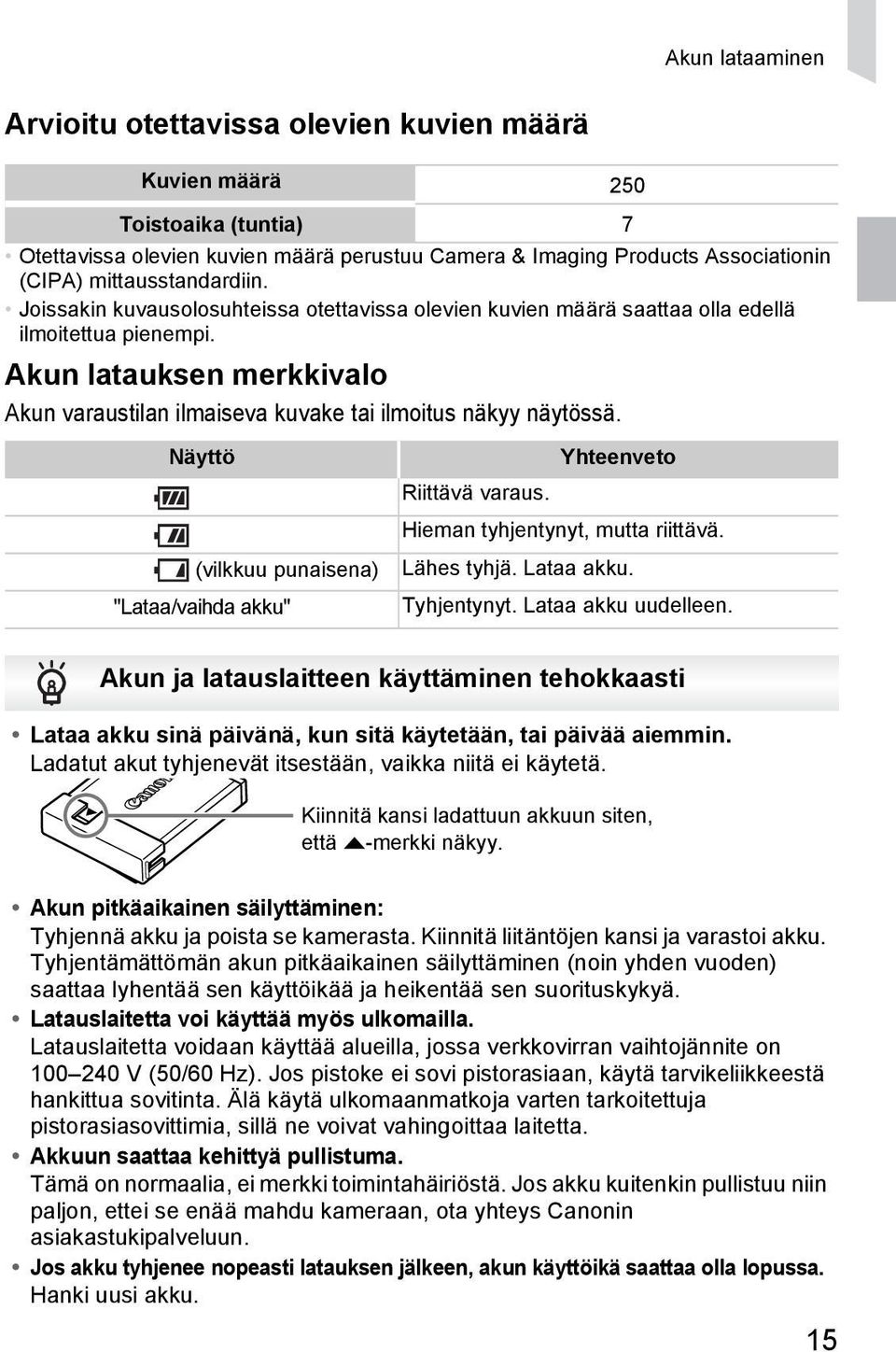 Akun latauksen merkkivalo Akun varaustilan ilmaiseva kuvake tai ilmoitus näkyy näytössä. Näyttö (vilkkuu punaisena) "Lataa/vaihda akku" Yhteenveto Riittävä varaus. Hieman tyhjentynyt, mutta riittävä.