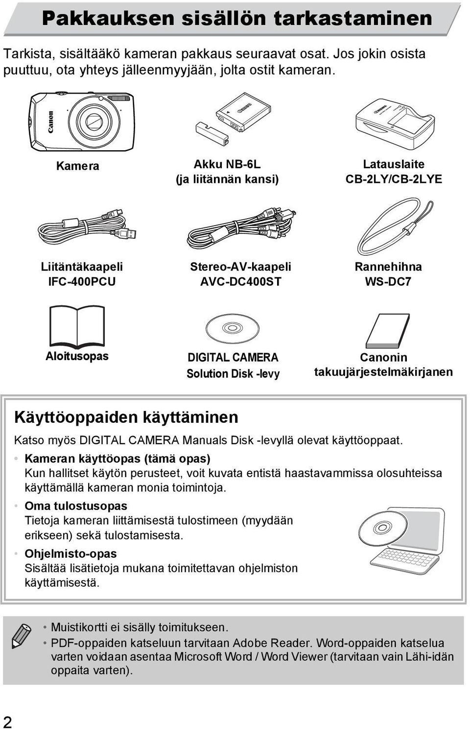 takuujärjestelmäkirjanen Käyttöoppaiden käyttäminen Katso myös DIGITAL CAMERA Manuals Disk -levyllä olevat käyttöoppaat.