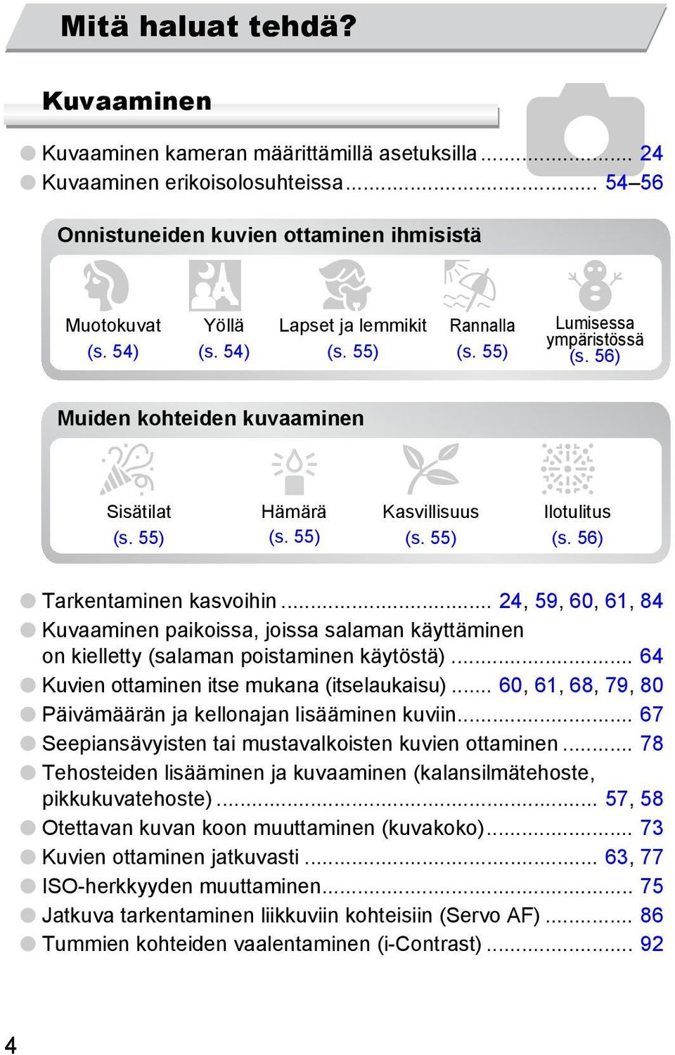 56) Tarkentaminen kasvoihin... 24, 59, 60, 61, 84 Kuvaaminen paikoissa, joissa salaman käyttäminen on kielletty (salaman poistaminen käytöstä)... 64 Kuvien ottaminen itse mukana (itselaukaisu).