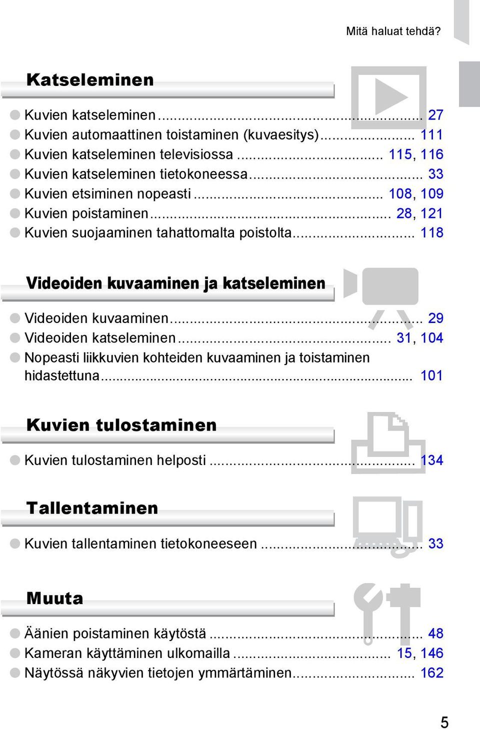 .. 118 Videoiden kuvaaminen ja katseleminen E Videoiden kuvaaminen... 29 Videoiden katseleminen... 31, 104 Nopeasti liikkuvien kohteiden kuvaaminen ja toistaminen hidastettuna.