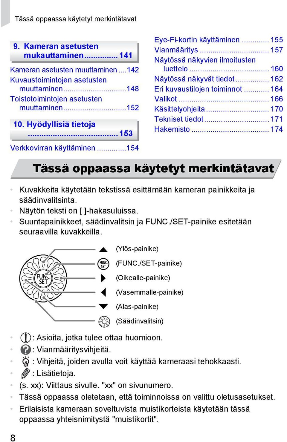 .. 164 Valikot... 166 Käsittelyohjeita... 170 Tekniset tiedot... 171 Hakemisto... 174 Verkkovirran käyttäminen...154 Kuvakkeita käytetään tekstissä esittämään kameran painikkeita ja säädinvalitsinta.