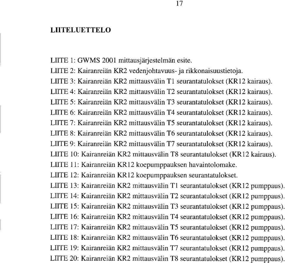 LIIT 6: Kairanreiän KR2 mittausvälin T4 seurantatulokset (KR2 kairaus). LIIT 7: Kairanreiän KR2 mittausvälin T5 seurantatulokset (KR2 kairaus).