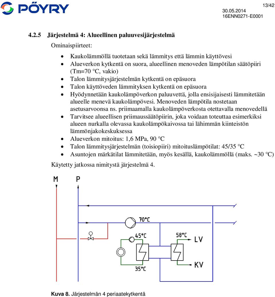 säätöpiiri (Tm=70 C, vakio) Talon lämmitysjärjestelmän kytkentä on epäsuora Talon käyttöveden lämmityksen kytkentä on epäsuora Hyödynnetään kaukolämpöverkon paluuvettä, jolla ensisijaisesti