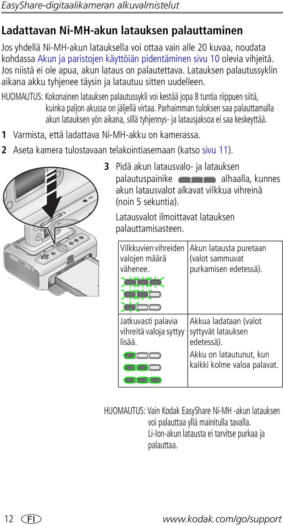 HUOMAUTUS: Kokonainen latauksen palautussykli voi kestää jopa 8 tuntia riippuen siitä, kuinka paljon akussa on jäljellä virtaa.