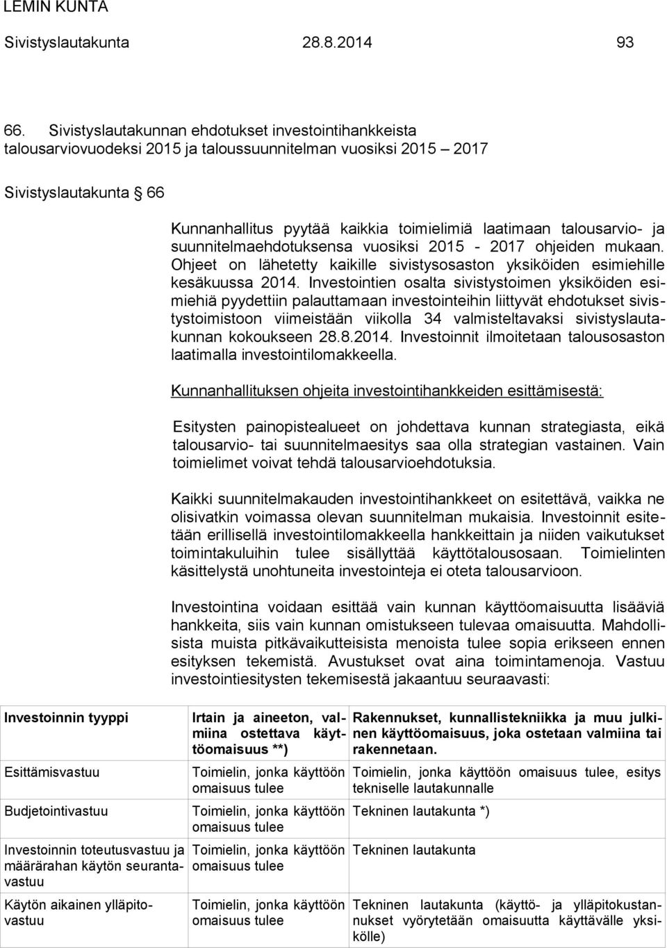 Investoinnin toteutusvastuu ja määrärahan käytön seurantavastuu Käytön aikainen ylläpitovastuu Kunnanhallitus pyytää kaikkia toimielimiä laatimaan talousarvio- ja suunnitelmaehdotuksensa vuosiksi