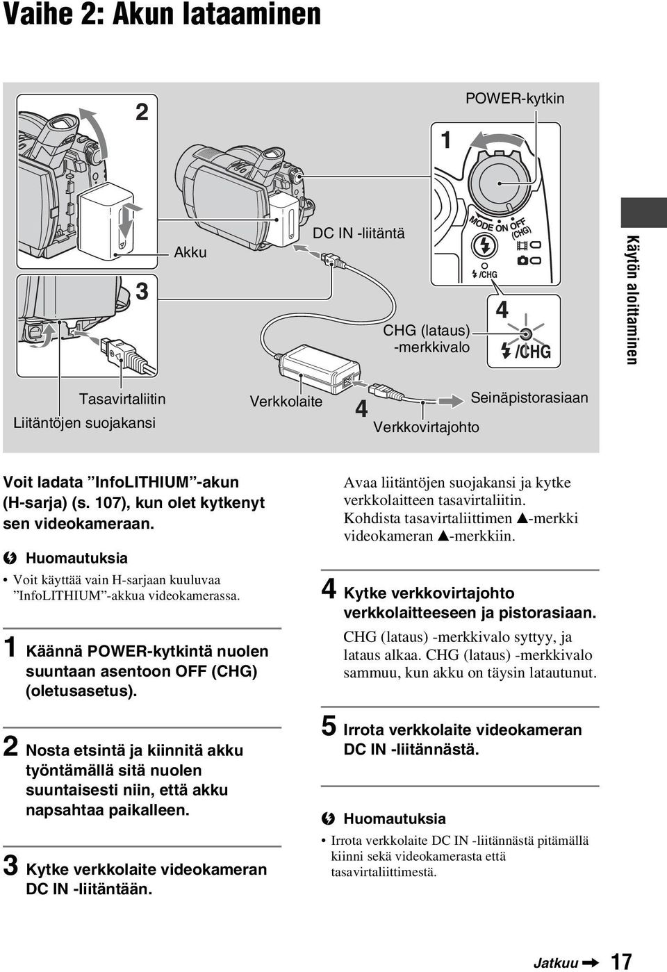 1 Käännä POWER-kytkintä nuolen suuntaan asentoon OFF (CHG) (oletusasetus). 2 Nosta etsintä ja kiinnitä akku työntämällä sitä nuolen suuntaisesti niin, että akku napsahtaa paikalleen.