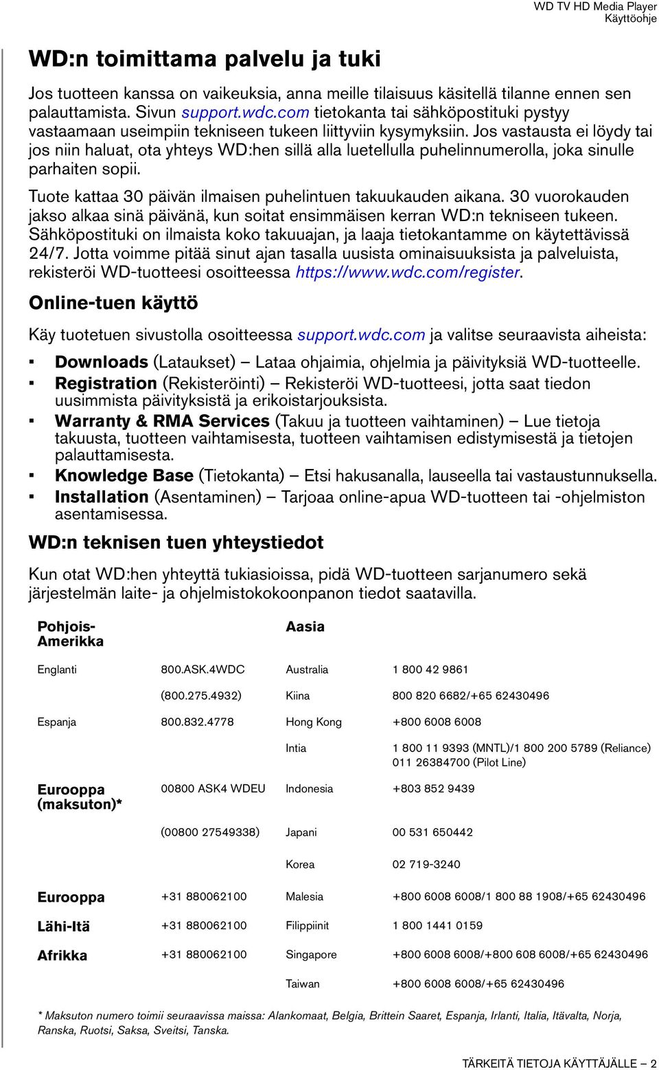 Jos vastausta ei löydy tai jos niin haluat, ota yhteys WD:hen sillä alla luetellulla puhelinnumerolla, joka sinulle parhaiten sopii. Tuote kattaa 30 päivän ilmaisen puhelintuen takuukauden aikana.