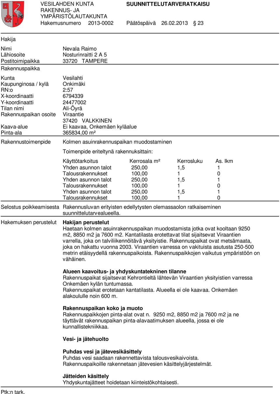 2013 23 Hakija Nimi Lähiosoite Postitoimipaikka Rakennuspaikka Nevala Raimo Nosturinraitti 2 A 5 33720 TAMPERE Kunta Vesilahti Kaupunginosa / kylä Onkimäki RN:o 2:57 X-koordinaatti 6794339