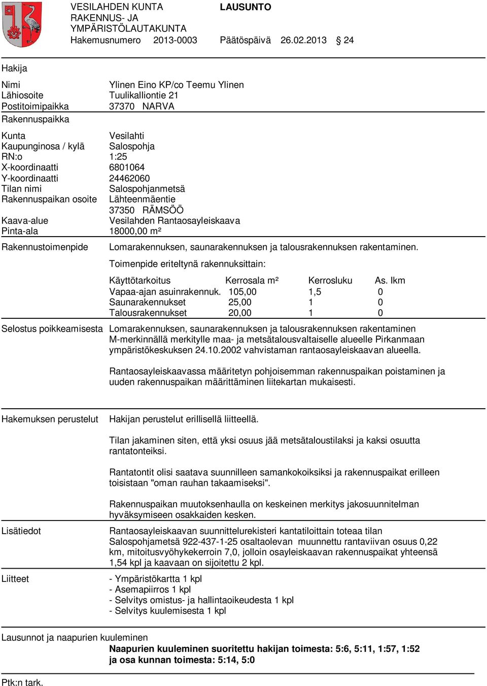 6801064 Y-koordinaatti 24462060 Tilan nimi Salospohjanmetsä Rakennuspaikan osoite Lähteenmäentie 37350 RÄMSÖÖ Kaava-alue Vesilahden Rantaosayleiskaava Pinta-ala 18000,00 m² Rakennustoimenpide