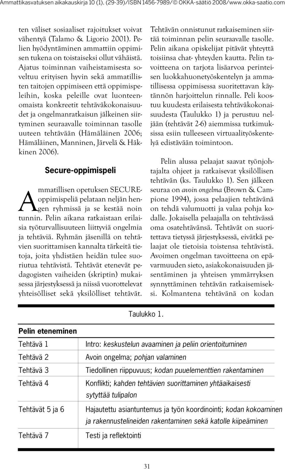 ongelmanratkaisun jälkeinen siirtyminen seuraavalle toiminnan tasolle uuteen tehtävään (Hämäläinen 2006; Hämäläinen, Manninen, Järvelä & Häkkinen 2006).