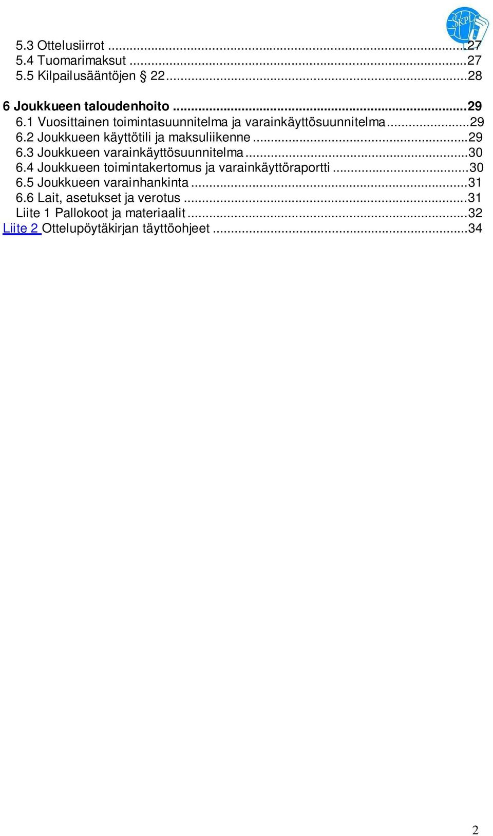 ..30 6.4 Joukkueen toimintakertomus ja varainkäyttöraportti...30 6.5 Joukkueen varainhankinta...31 6.