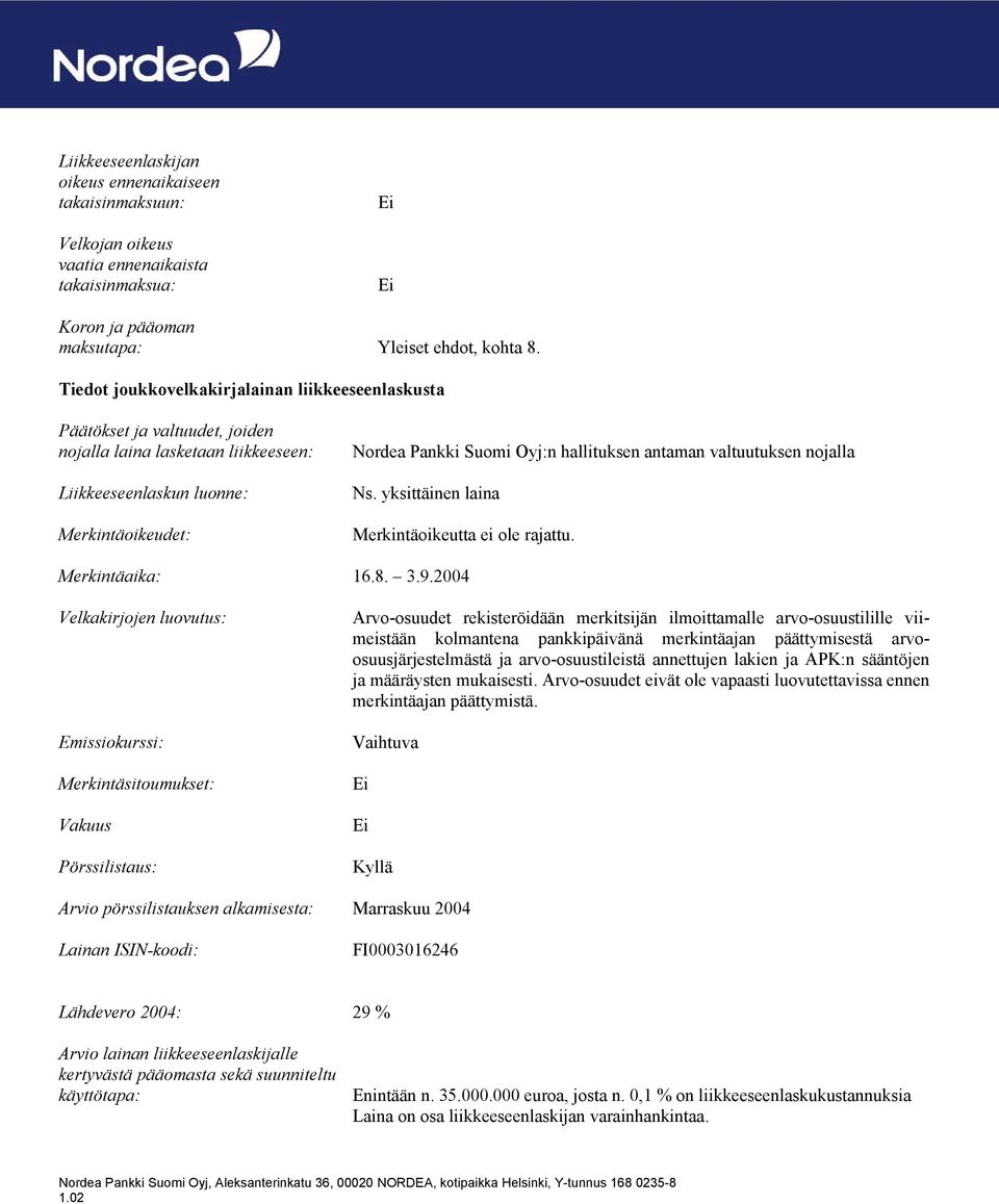 antaman valtuutuksen nojalla Ns. yksittäinen laina Merkintäoikeutta ei ole rajattu. Merkintäaika: 16.8. 3.9.