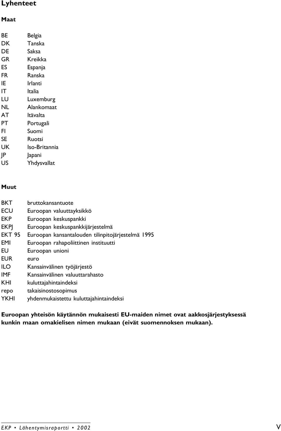 Euroopan rahapoliittinen instituutti EU Euroopan unioni EUR euro ILO Kansainvälinen työjärjestö IMF Kansainvälinen valuuttarahasto KHI kuluttajahintaindeksi repo takaisinostosopimus YKHI