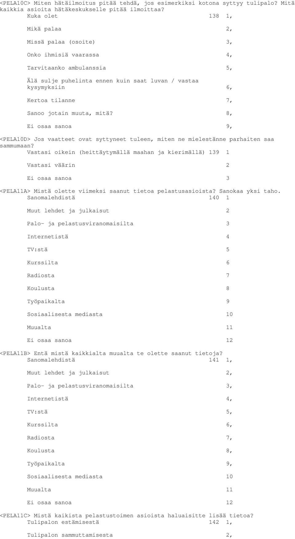 jotain muuta, mitä? 8, Ei osaa sanoa 9, <PELA10D> Jos vaatteet ovat syttyneet tuleen, miten ne mielestänne parhaiten saa sammumaan?