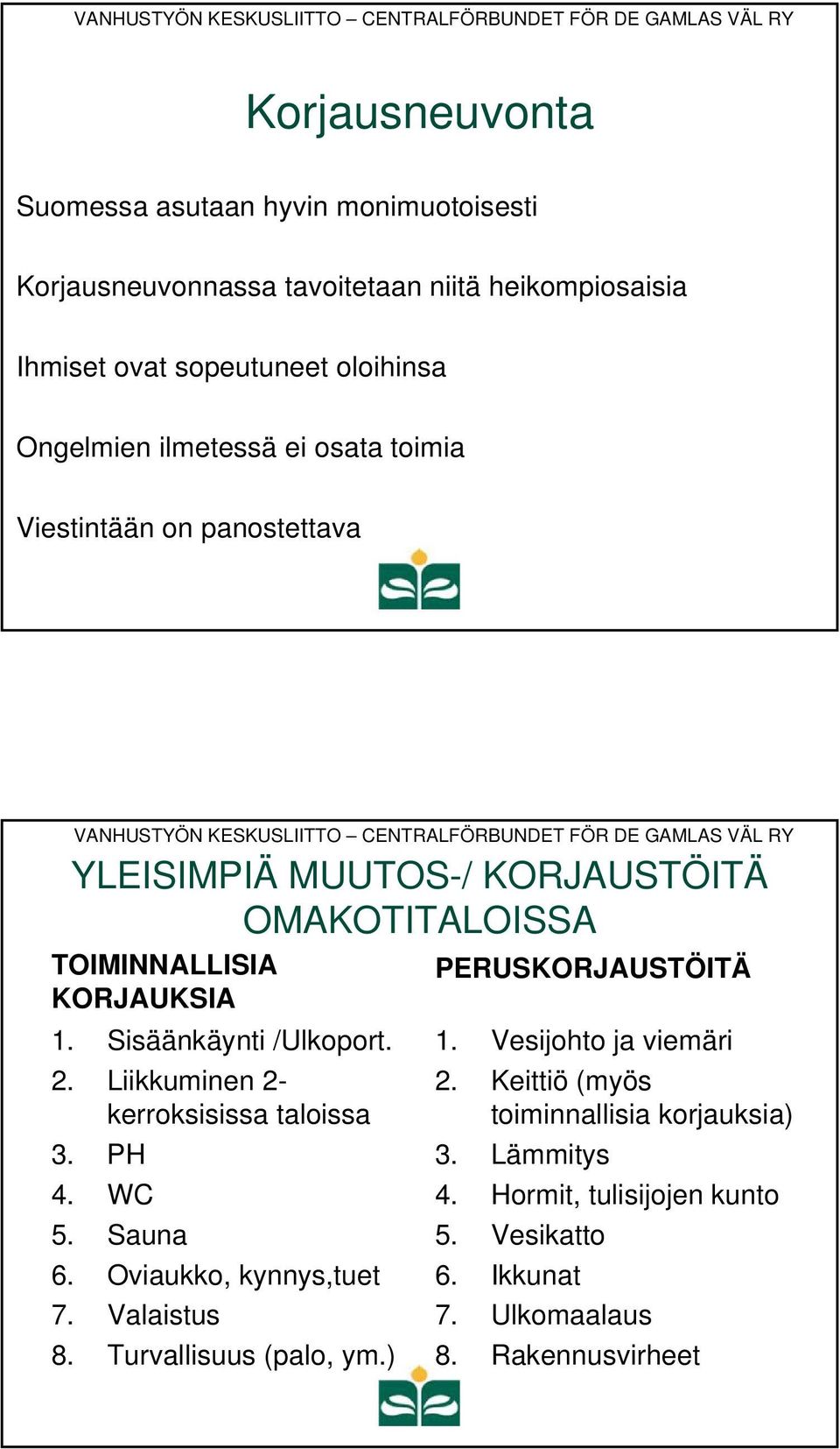 2. Liikkuminen 2- kerroksisissa taloissa 3. PH 4. WC 5. Sauna 6. Oviaukko, kynnys,tuet 7. Valaistus 8. Turvallisuus (palo, ym.) PERUSKORJAUSTÖITÄ 1.