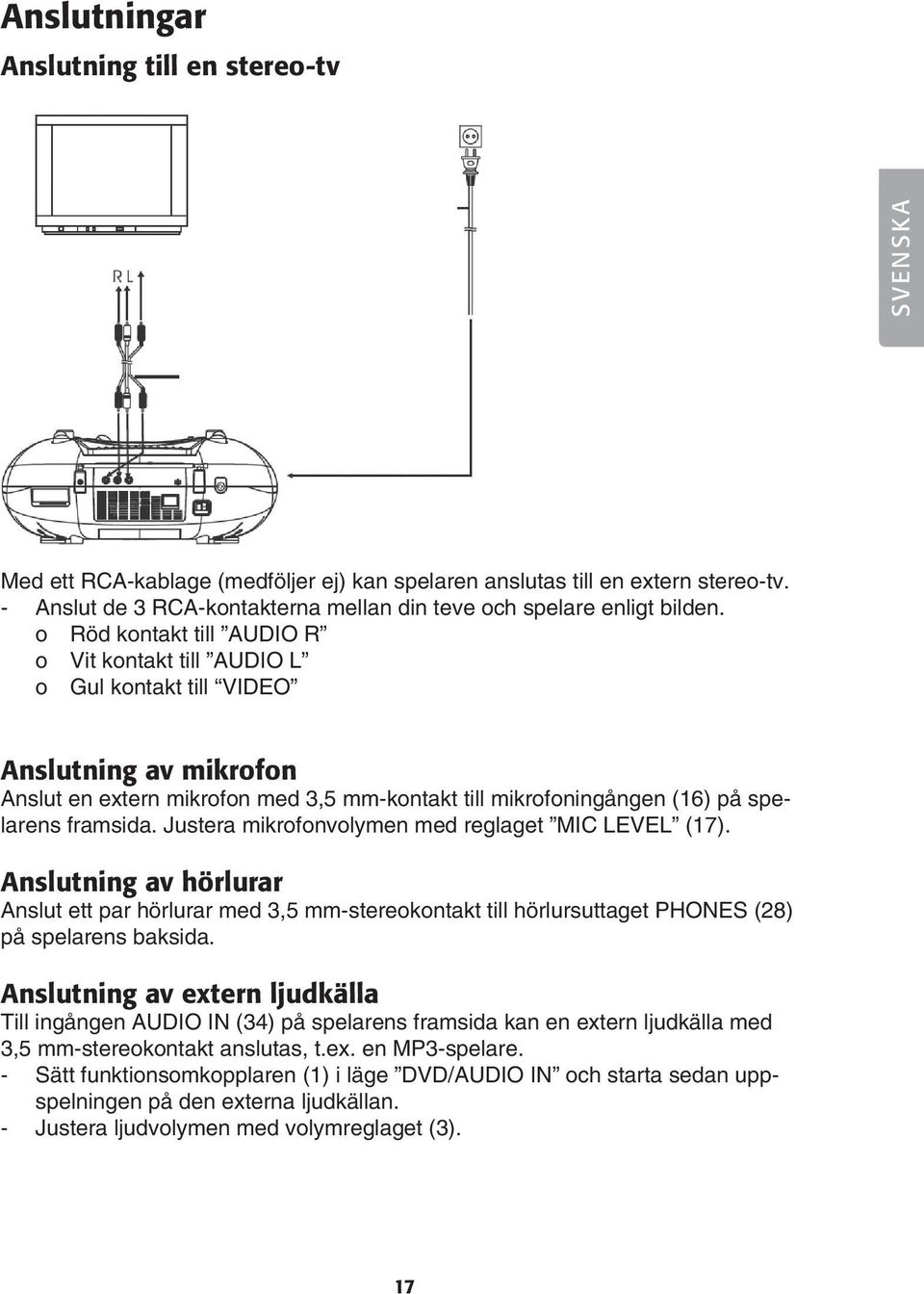 o Röd kontakt till AUDIO R o Vit kontakt till AUDIO L o Gul kontakt till VIDEO Anslutning av mikrofon Anslut en extern mikrofon med 3,5 mm-kontakt till mikrofoningången (16) på spelarens framsida.