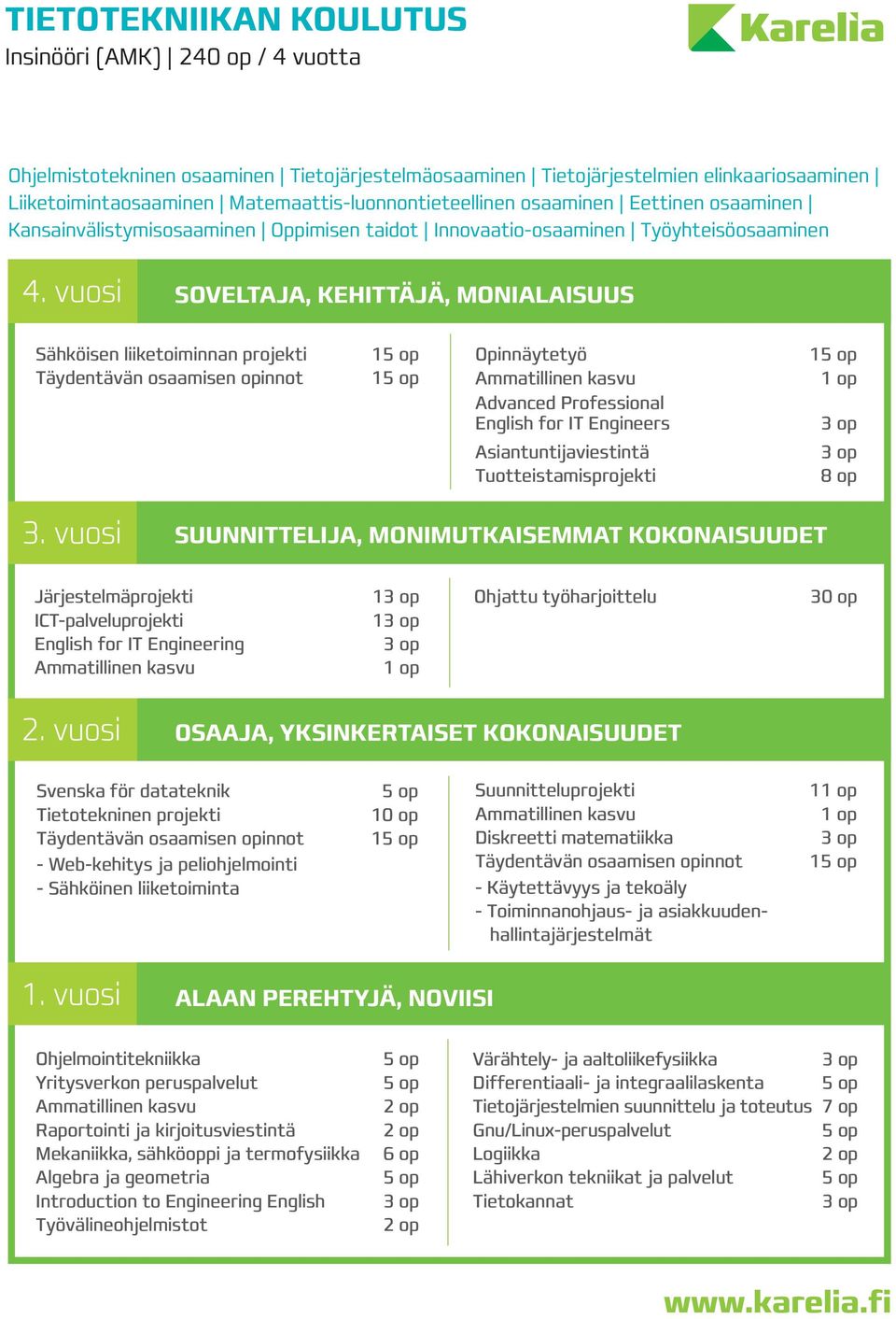 vuosi SOVELTAJA, KEHITTÄJÄ, MONIALAISUUS Sähköisen liiketoiminnan projekti Opinnäytetyö Advanced Professional English for IT Engineers Asiantuntijaviestintä Tuotteistamisprojekti 8 op 3.