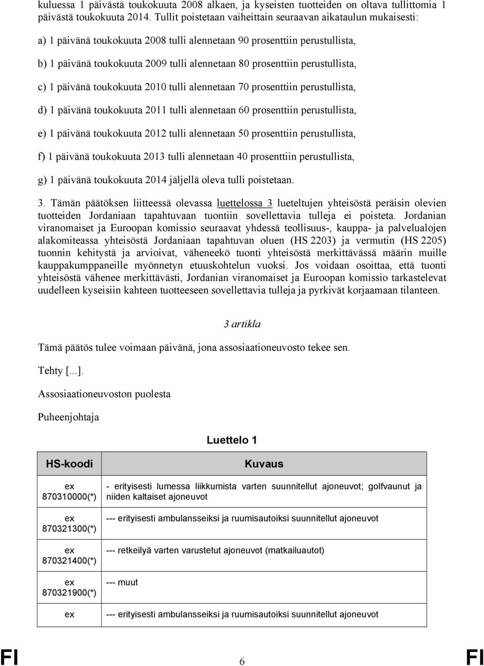 perustullista, c) 1 päivänä toukokuuta 2010 tulli alennetaan 70 prosenttiin perustullista, d) 1 päivänä toukokuuta 2011 tulli alennetaan 60 prosenttiin perustullista, e) 1 päivänä toukokuuta 2012