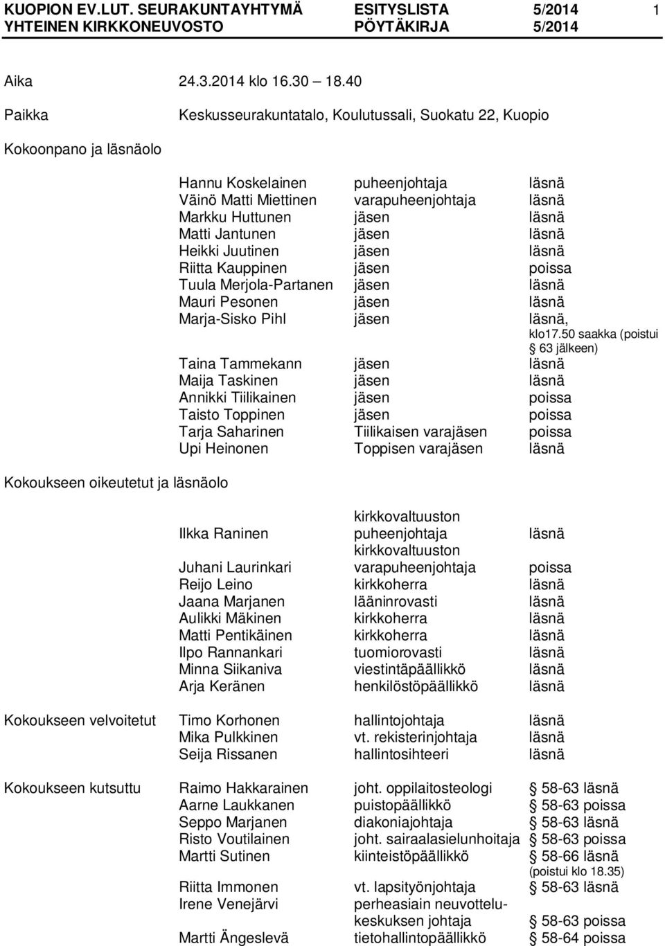 läsnä Markku Huttunen jäsen läsnä Matti Jantunen jäsen läsnä Heikki Juutinen jäsen läsnä Riitta Kauppinen jäsen poissa Tuula Merjola-Partanen jäsen läsnä Mauri Pesonen jäsen läsnä Marja-Sisko Pihl