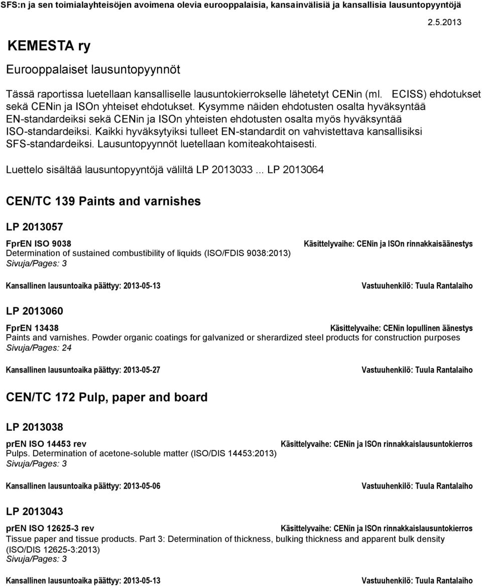 Kaikki hyväksytyiksi tulleet EN-standardit on vahvistettava kansallisiksi SFS-standardeiksi. Lausuntopyynnöt luetellaan komiteakohtaisesti. Luettelo sisältää lausuntopyyntöjä väliltä LP 2013033.
