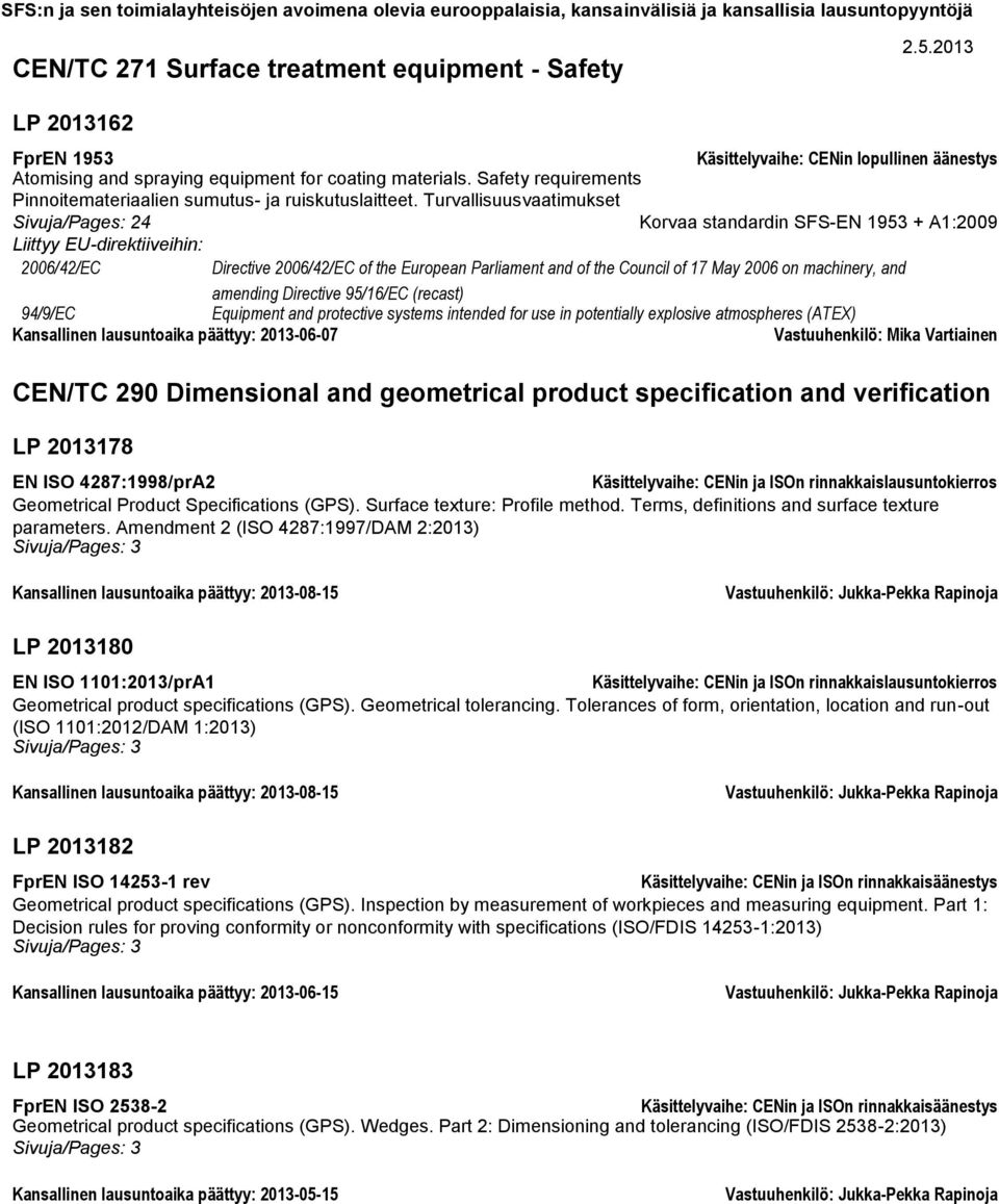 Turvallisuusvaatimukset Sivuja/Pages: 24 Korvaa standardin SFS-EN 1953 + A1:2009 2006/42/EC Directive 2006/42/EC of the European Parliament and of the Council of 17 May 2006 on machinery, and