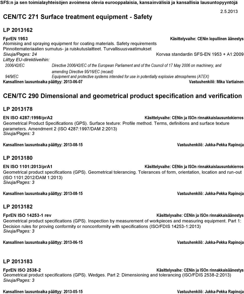 Turvallisuusvaatimukset Sivuja/Pages: 24 Korvaa standardin SFS-EN 1953 + A1:2009 2006/42/EC Directive 2006/42/EC of the European Parliament and of the Council of 17 May 2006 on machinery, and