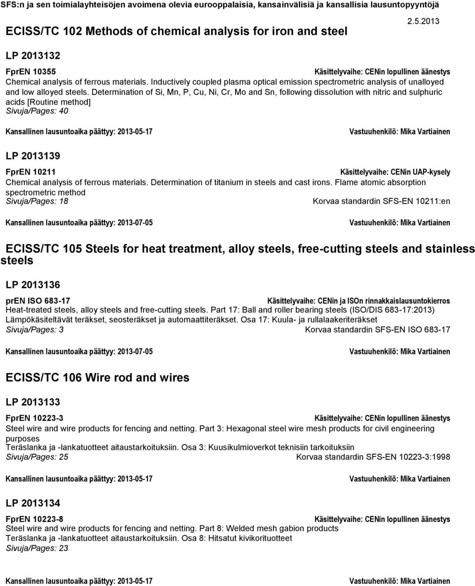 Determination of Si, Mn, P, Cu, Ni, Cr, Mo and Sn, following dissolution with nitric and sulphuric acids [Routine method] Sivuja/Pages: 40 Kansallinen lausuntoaika päättyy: 2013-05-17 Vastuuhenkilö: