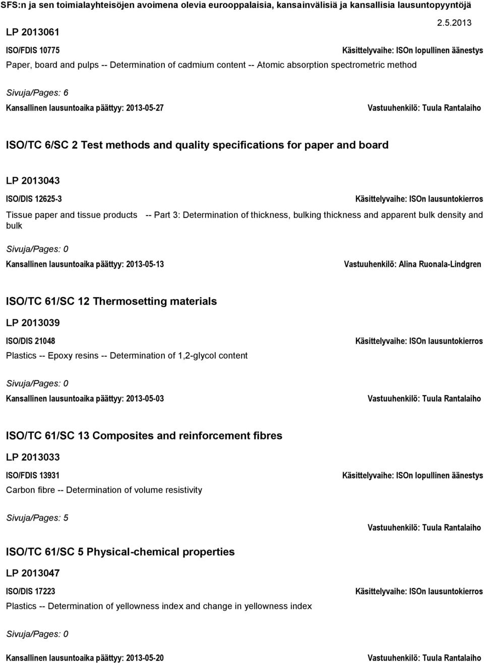 thickness, bulking thickness and apparent bulk density and bulk Kansallinen lausuntoaika päättyy: 2013-05-13 Vastuuhenkilö: Alina Ruonala-Lindgren ISO/TC 61/SC 12 Thermosetting materials LP 2013039